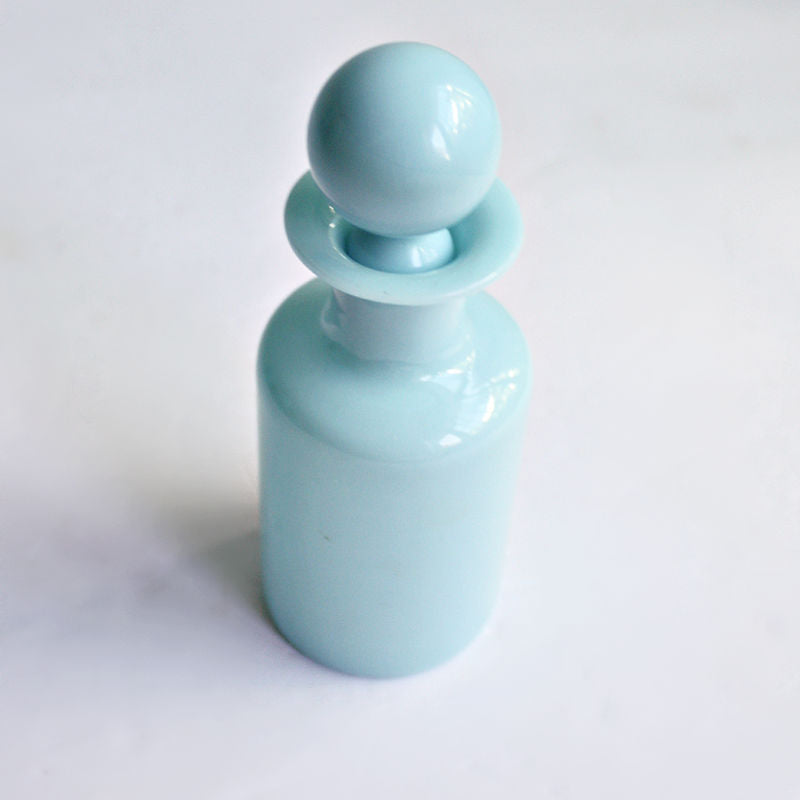 Exceptional 19th-century Louis Philippe turquoise opaline glass perfume decanter with original bulle de savon stopper, French mid-1800s, collectible decorative art.