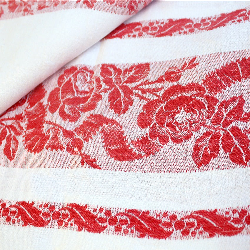 woven red floral border with roses ribbon garlands antique French linen