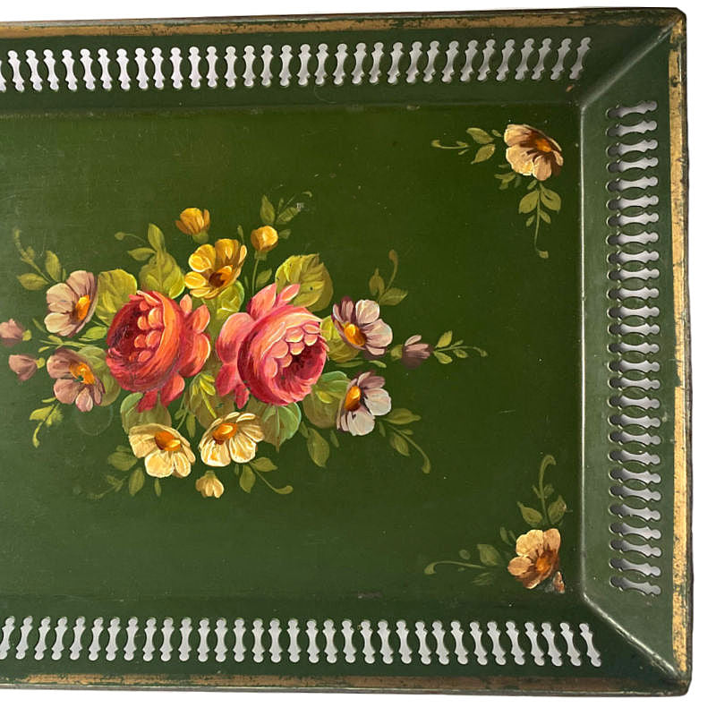 Antique French Tole Peinte Green Tray