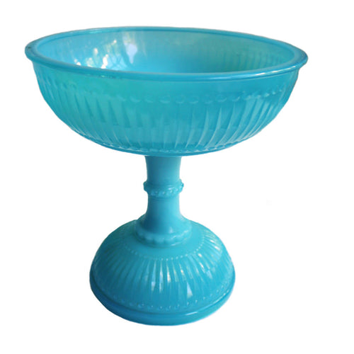 19th century French blue opaline glass footed centerpiece bowl with pedestal base. Elegant antique compote for refined display and entertaining.