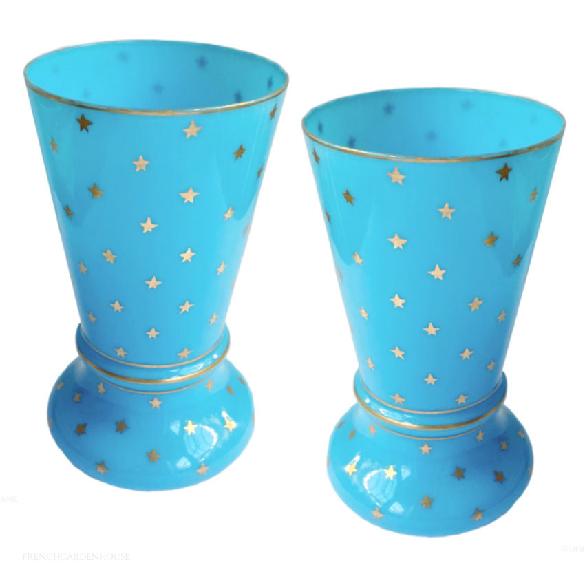 Large 19th Century French Blue Opaline Vases Pair