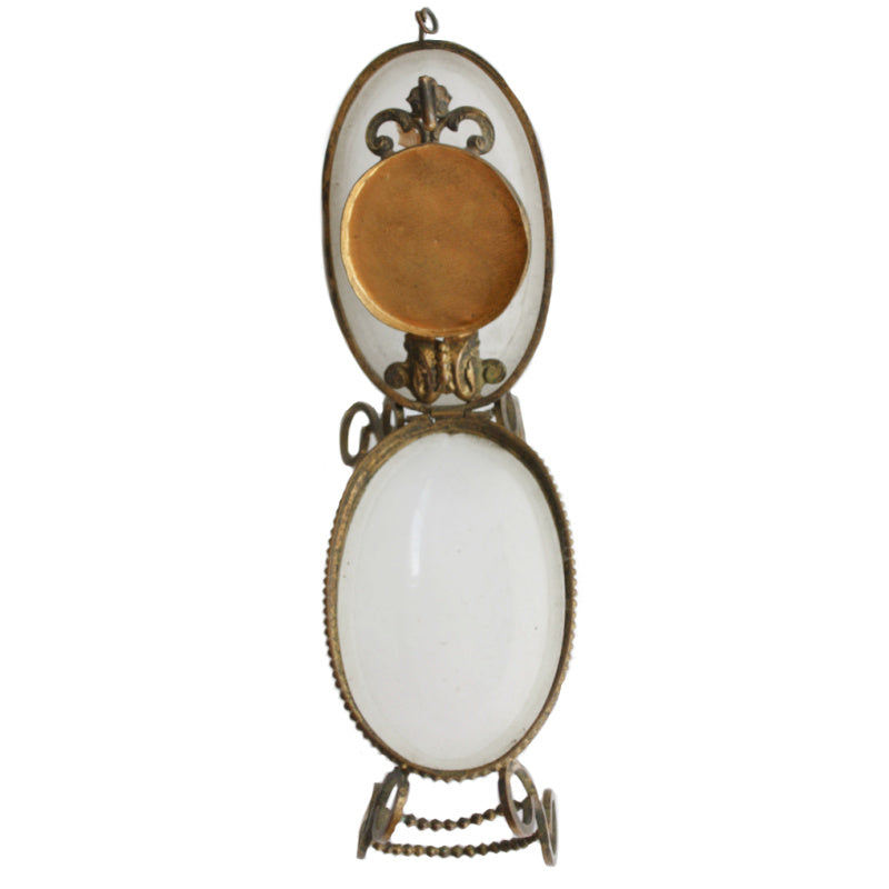 Antique French opaline glass egg-shaped pocket watch holder with gilt bronze stand, Belle Époque, 19th century, luxury decorative art, collectors piece.