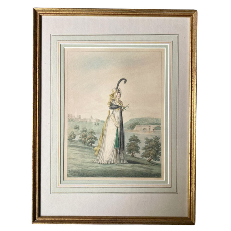 Incredible Set of 4 Antique French Framed Hand Colored Engravings Incroyable et Merveilleuse engraved by Georges Jacques Gatine, Paris early 1800's.