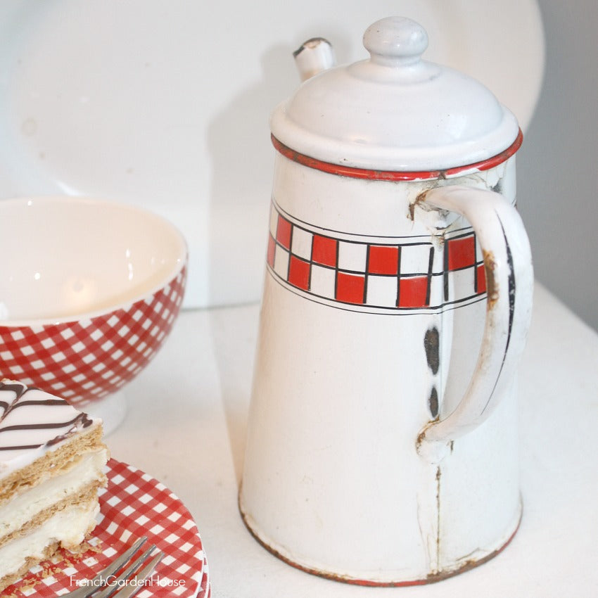 Antique French Red & White Checked Coffee Pot