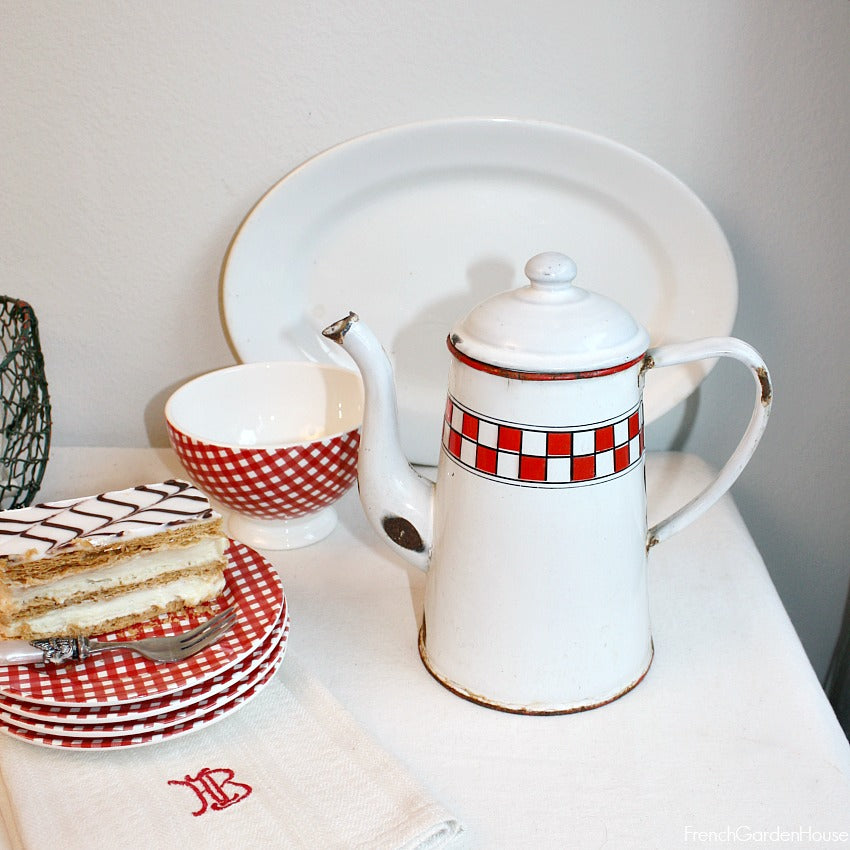 Antique French Red & White Checked Coffee Pot