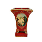 Antique French Directoire style tole peinte  with red patina and hand-painted scenes depicting a rural scene and a tree with a house in the background.
