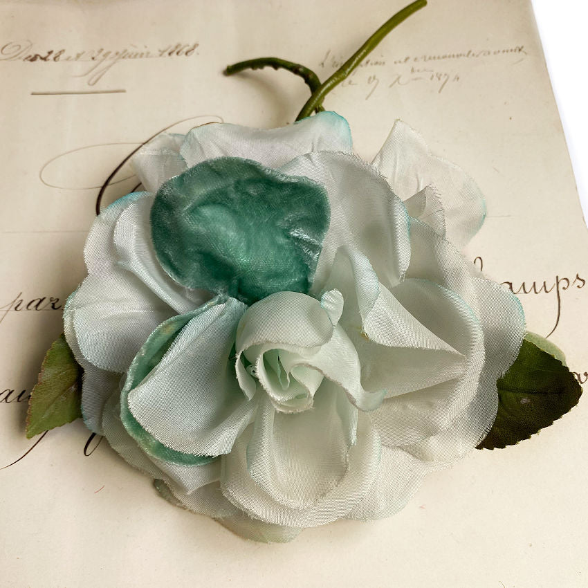 Vintage Millinery Aqua and White Rose