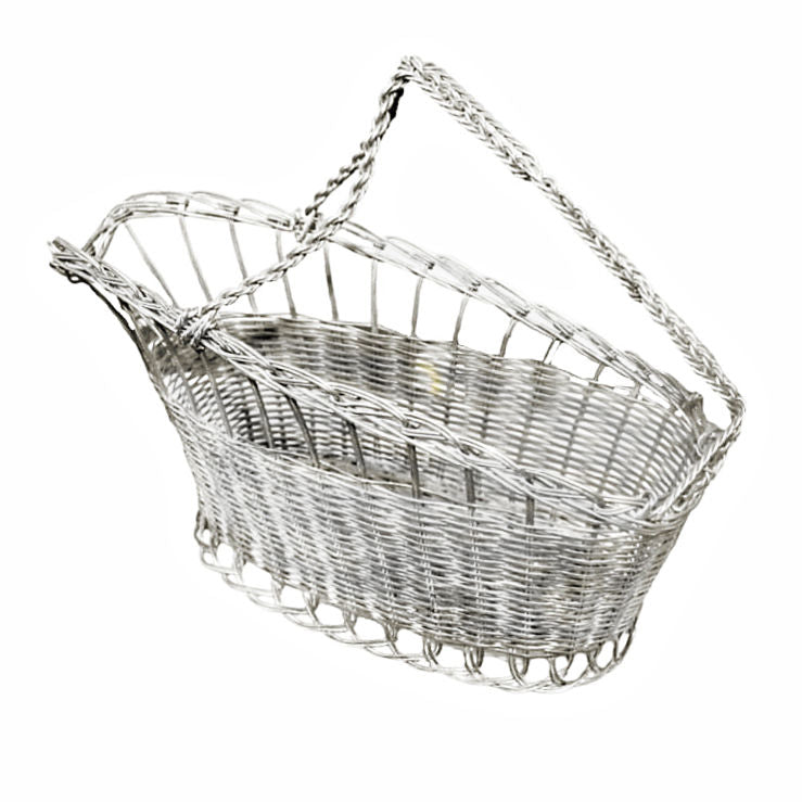 Vintage French Silvered Woven Metal Wine Bottle Carrier Basket