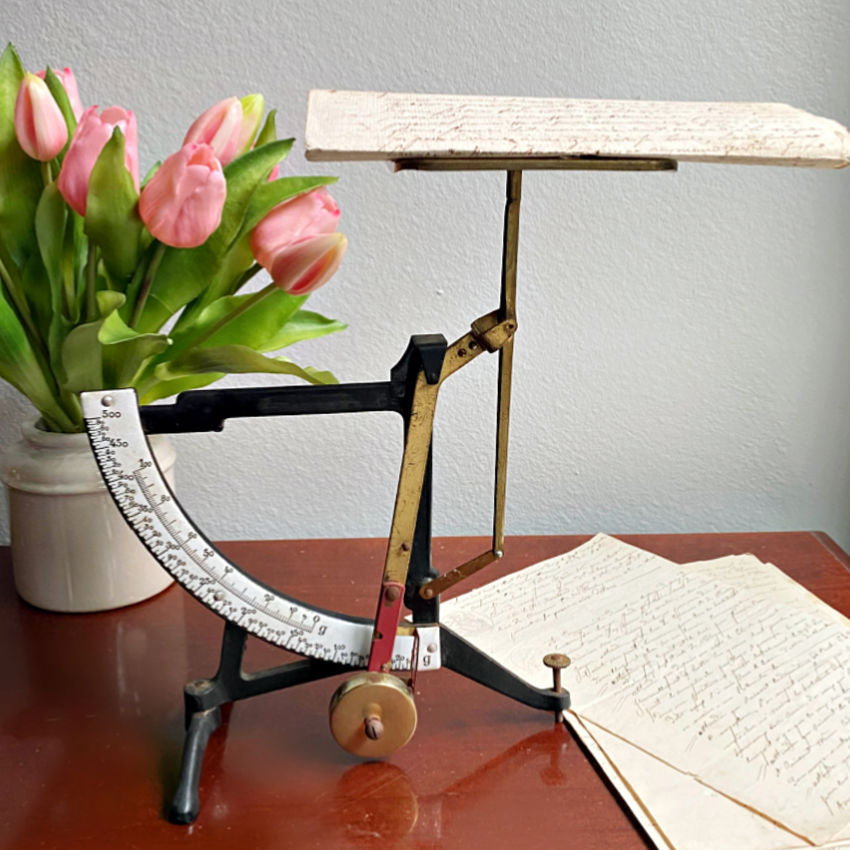 Antique European Enameled Postal Scale with Brass