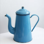 Vintage French enamel coffee pot in coastal blue tone styled as kitchen collectible décor