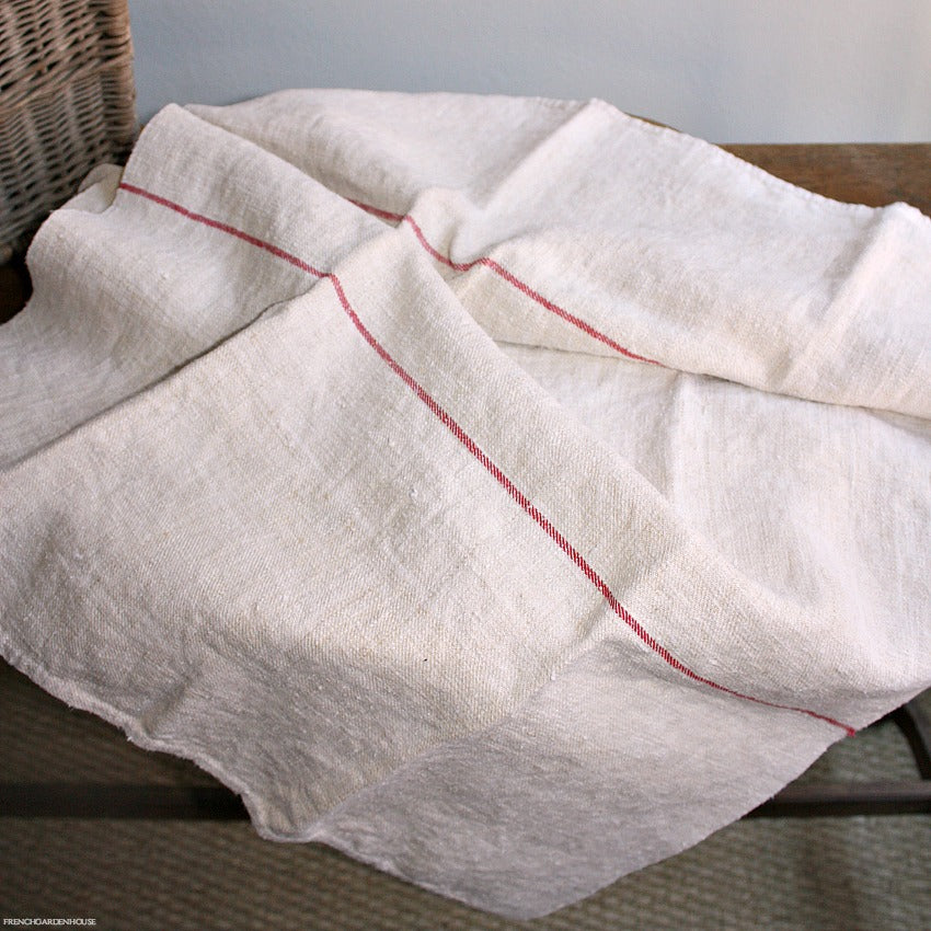 Antique French Country Hand Woven Linen Towel Rouge