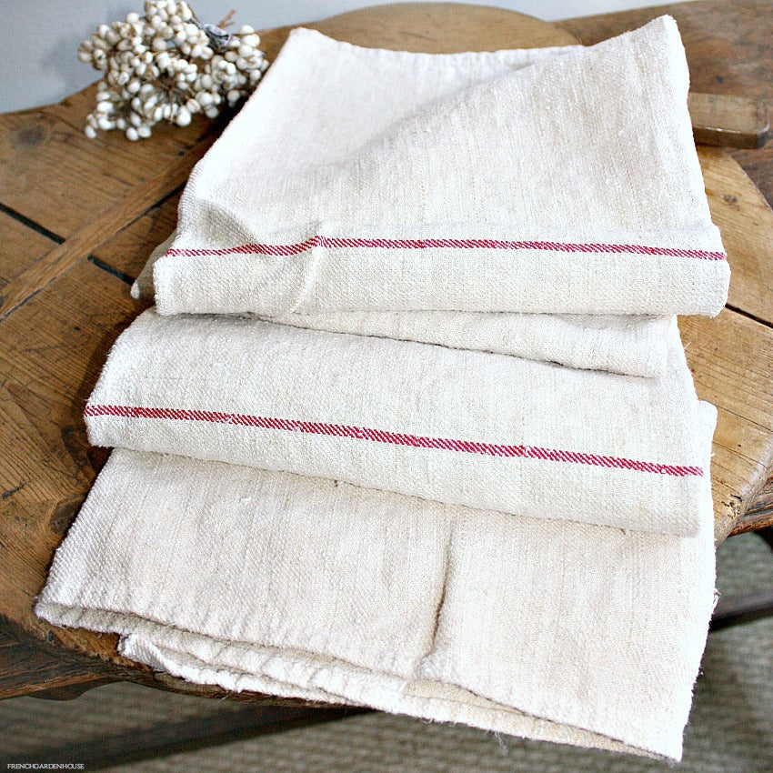 Antique French Country Hand Woven Linen Towel Rouge