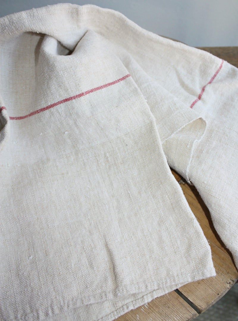 Antique French Country Hand Woven Linen Towel Rouge