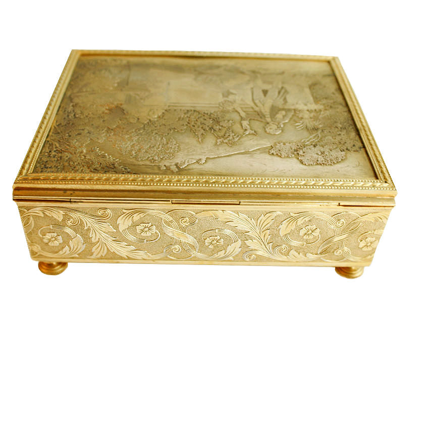 Rare antique French engraved jewelry box with a beautifully detailed signed pastorale courting scene. Gilt metal, bun feet, velvet lined interior, back hinge side