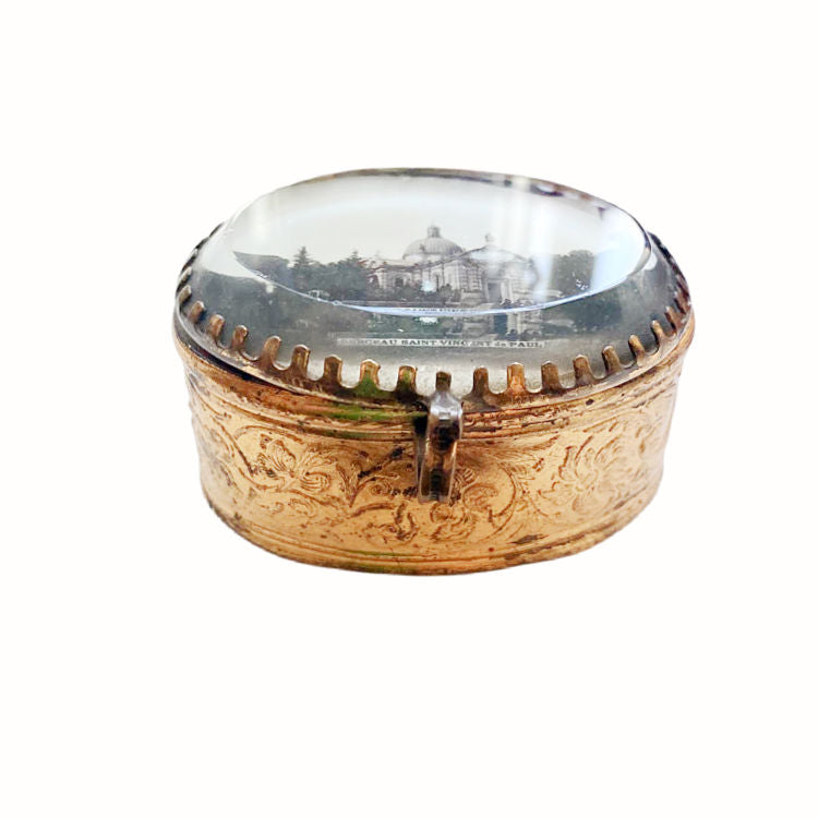 Antique French Souvenir Jewelry Box, sold as a souvenir of Cathedral St. Vincent de Paul. The image of the cathedral is under the thick beveled glass top.