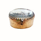 Antique French Souvenir Jewelry Box, sold as a souvenir of Cathedral St. Vincent de Paul. The image of the cathedral is under the thick beveled glass top.