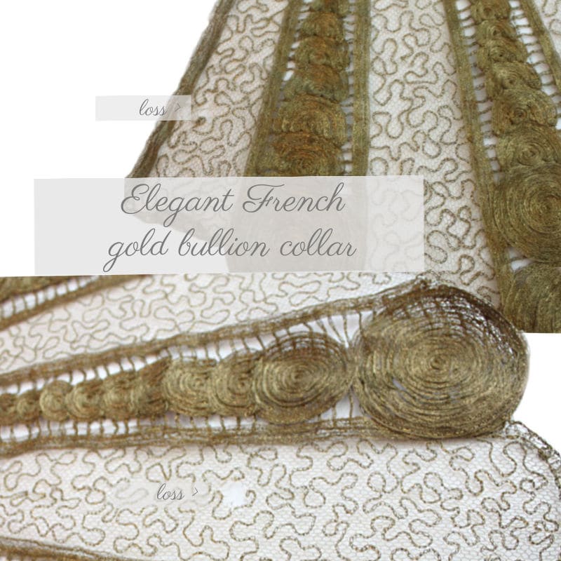 Rare antique French gold bullion lace capelet collar with intricate soutache and net lace construction. A couture textile of exceptional rarity.