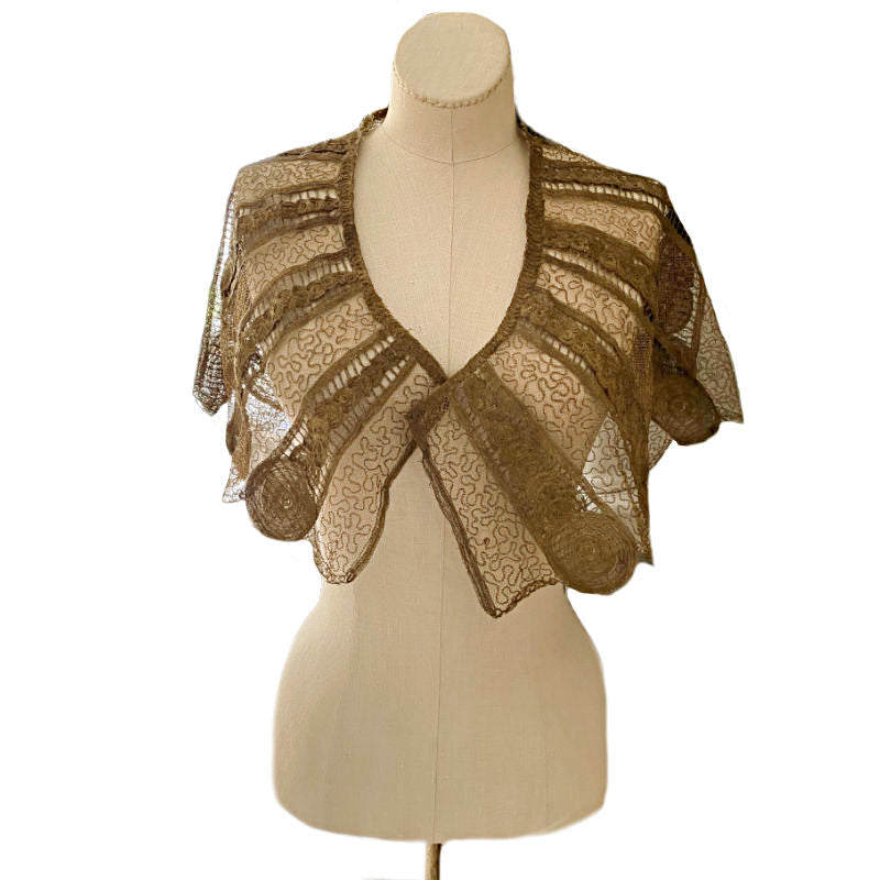 Antique French gold bullion lace capelet displayed on a mannequin, featuring embroidered net lace and soutache circles.
