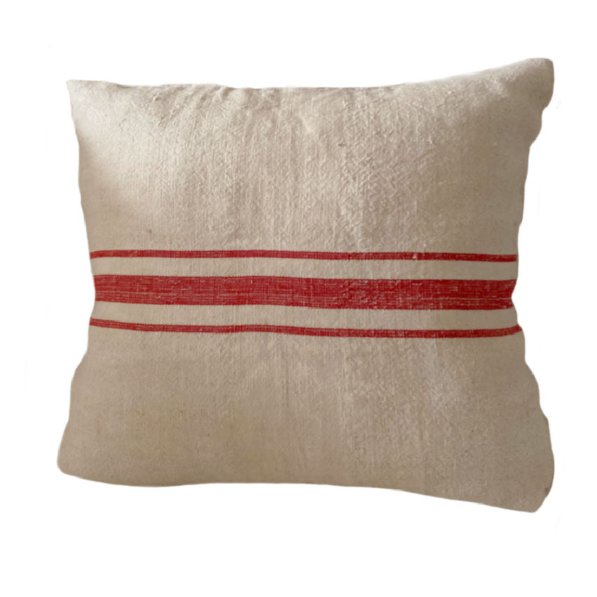 Antique French Grain Sack Pillow with Red Stripes