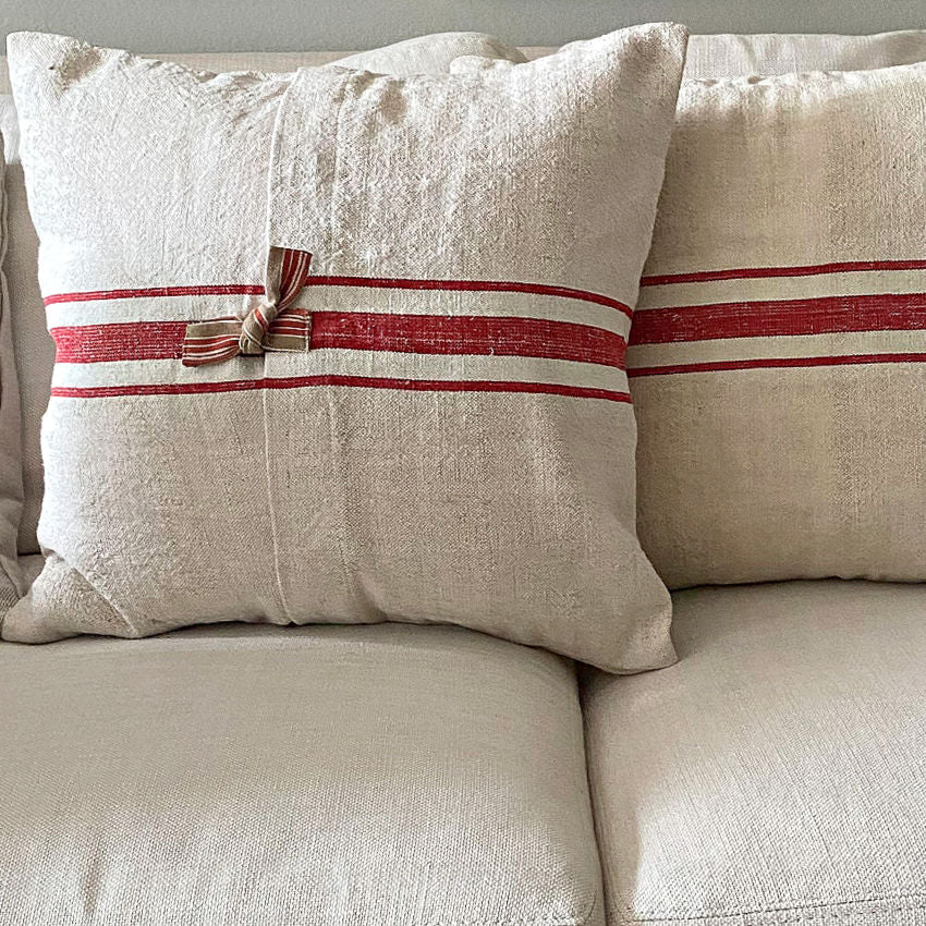 Antique French Grain Sack Pillow with Red Stripes