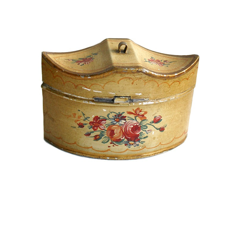 Rare antique French hand-painted tole box, small size, double rose bouquet, golden yellow, red, blue, and green, decorative French Country accent.