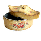 antique French tole box, hand-painted floral box, rare small toleware, decorative French box, double rose bouquet, miniature antique, pen nib box, vintage desk accessory, French Country decor, collectible toleware, artisan hand-painted, romantic antique, timeworn patina, garden motif, unusual shape