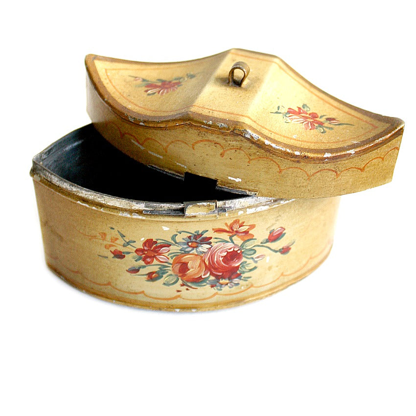 antique French tole box, hand-painted floral box, rare small toleware, decorative French box, double rose bouquet, miniature antique, pen nib box, vintage desk accessory, French Country decor, collectible toleware, artisan hand-painted, romantic antique, timeworn patina, garden motif, unusual shape