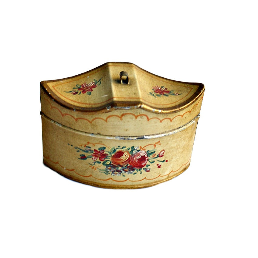 Rare antique French hand-painted tole box, small size, double rose bouquet, golden yellow, red, blue, and green, decorative French Country accent.