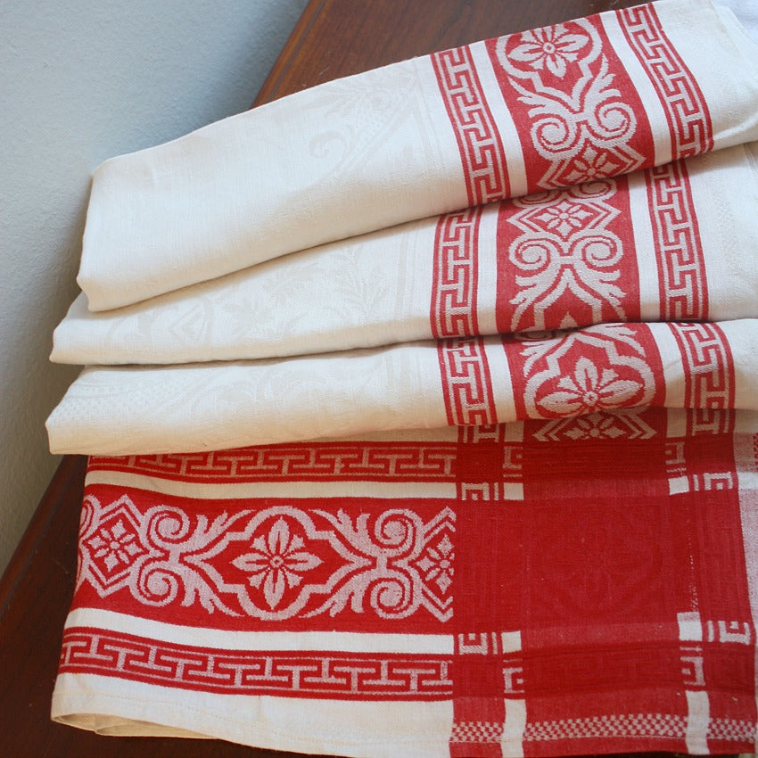 Antique French Red &amp; White Damask Linen Tablecloth