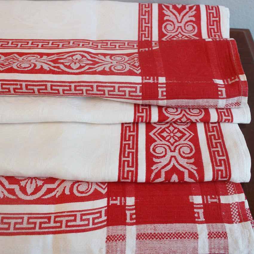 French estate linen tablecloth with Greek Key and scrolling floral borders