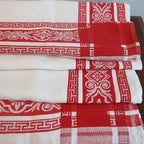 French estate linen tablecloth with Greek Key and scrolling floral borders