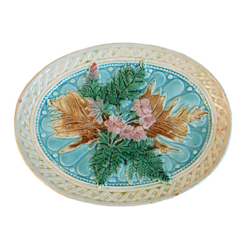 Antique Majolica Pink Flowers &amp; Ferns Platter