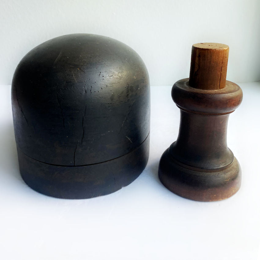 French 19th century wooden millinery hat block with sterling silver monogram. Rare shop display piece with rich patina and sculptural form.