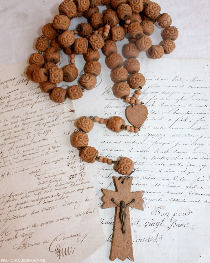 Antique French Nun's Rosary with Hand Carved Wood Beads