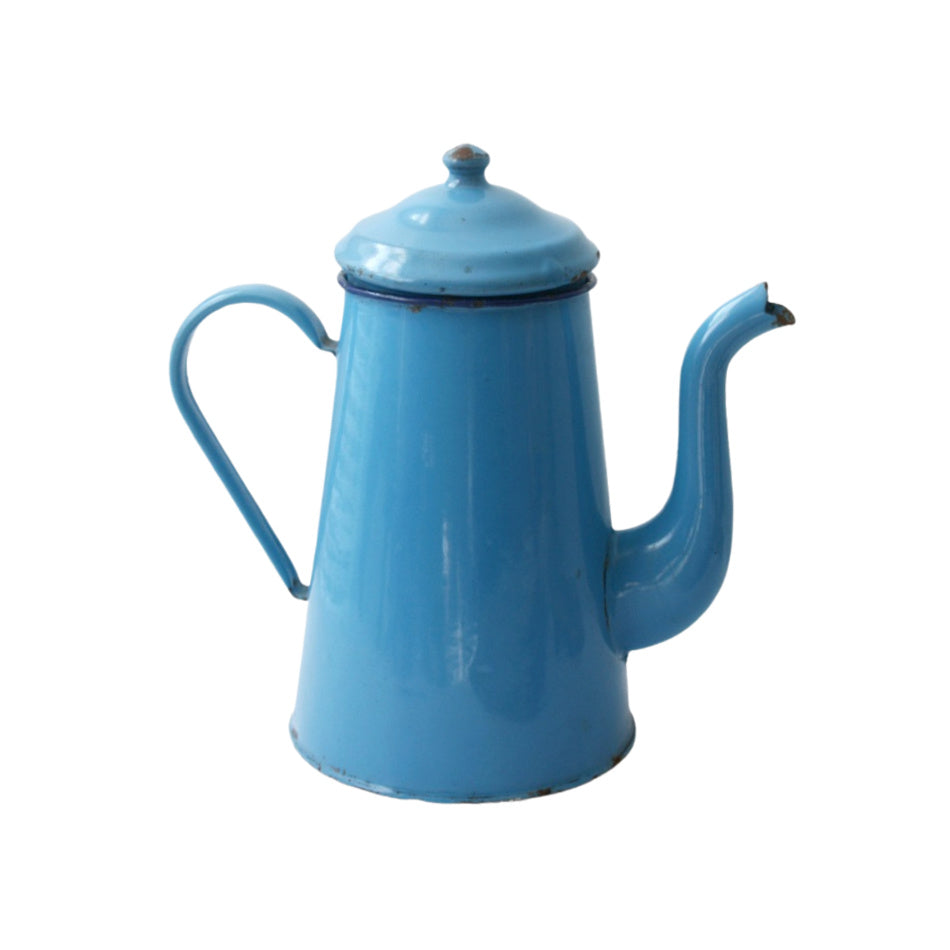 French enamel coffee pot in vintage blue with worn surface and collectible kitchen appeal