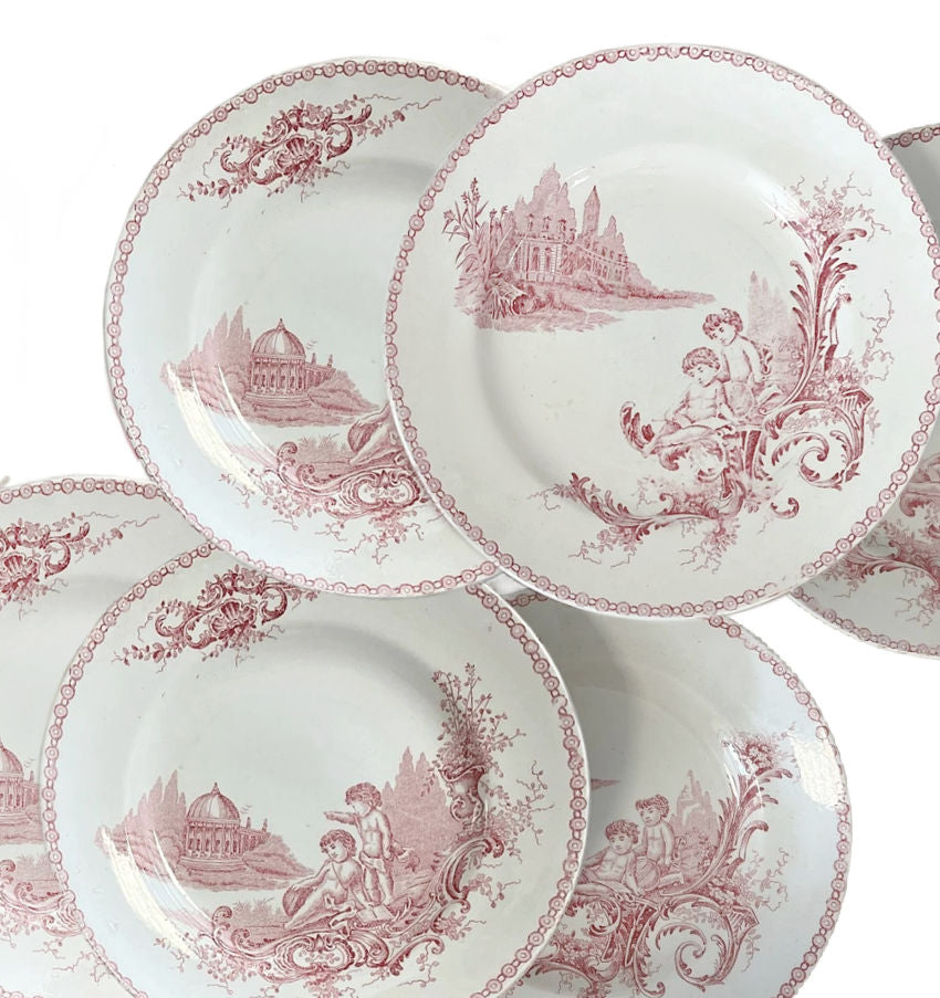 Antique French Pink Plates with Cherubs Set of 6