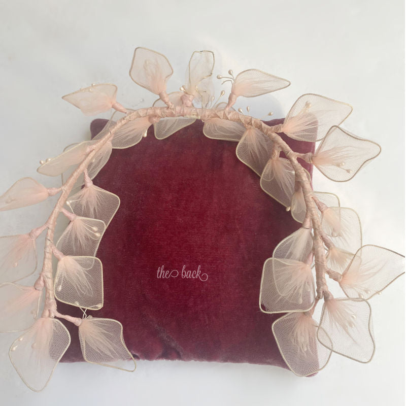 Ethereal vintage ballerina pink floral head crown with pearlized stamens and flexible wire frame. Romantic antique costume adornment, 15 inches.