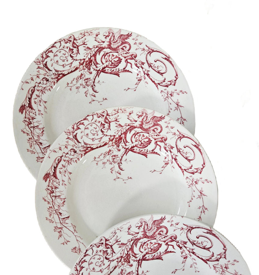 close detail of Griffin motif and red transfer border on antique plate