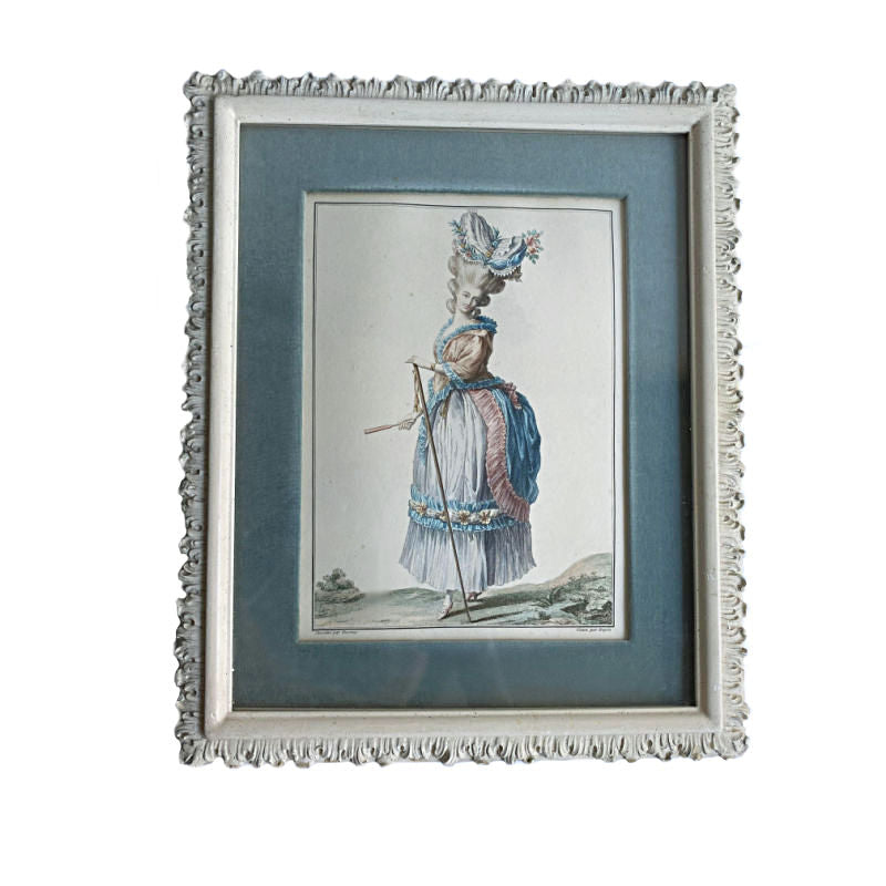 Antique Hand colored engraving French fashion framed