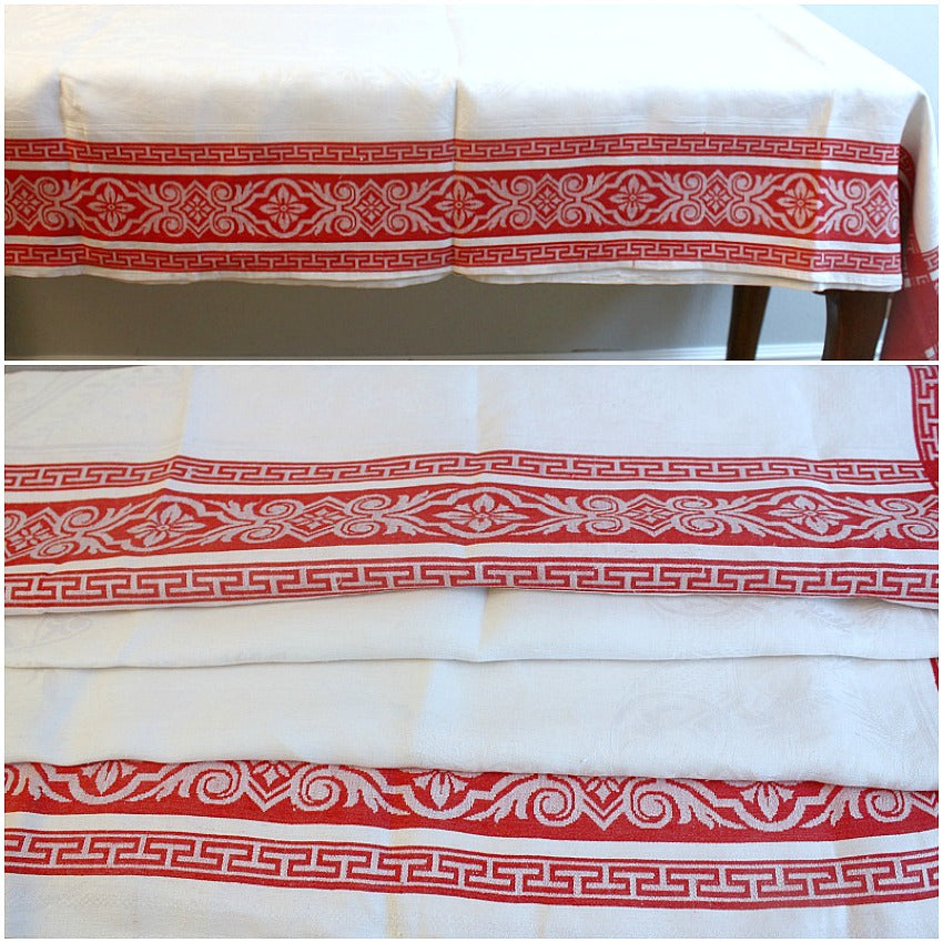 Antique French Red & White Damask Linen Tablecloth