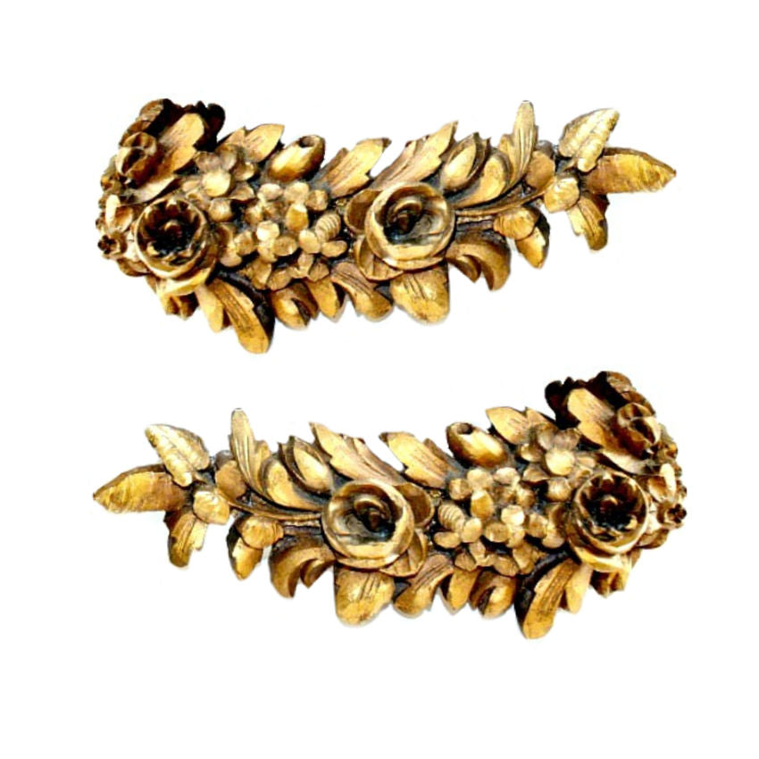 Antique Maison de Maitre Gilt Wood Hand Carved Roses Curtain Tie Back Pair