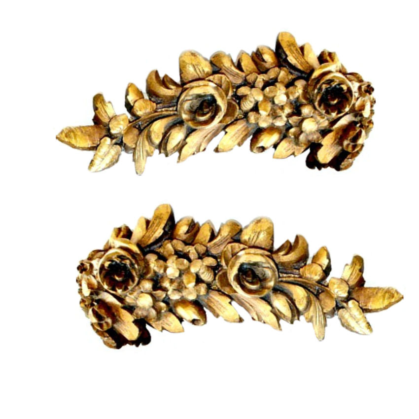 Antique Maison de Maitre Gilt Wood Hand Carved Roses Curtain Tie Back Pair