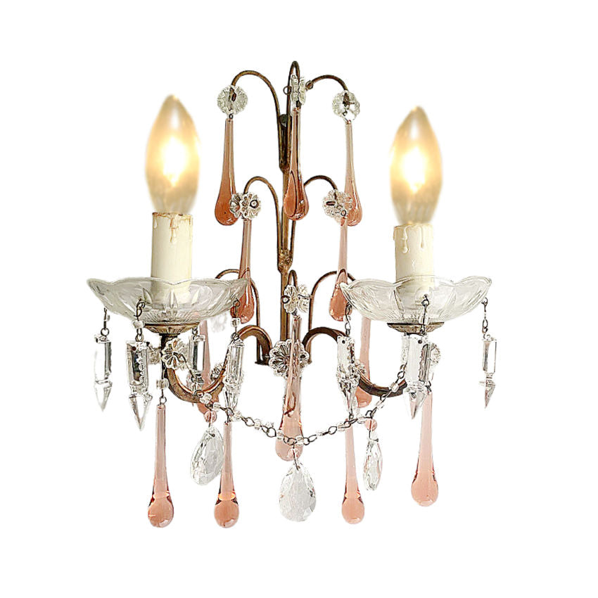 Elegant French sconces with beaded swags and soft colored crystals