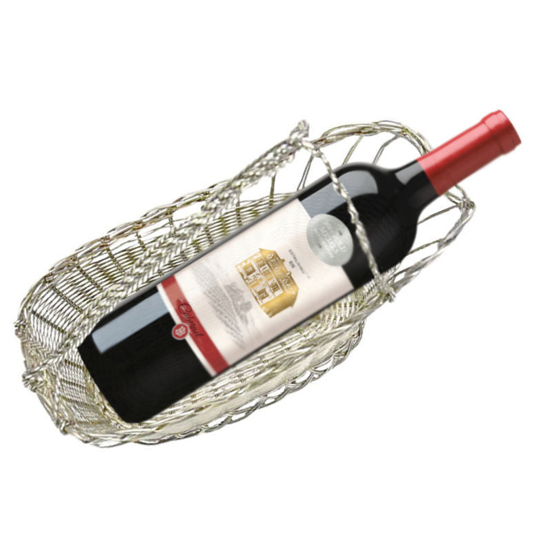Vintage French Silvered Woven Metal Wine Bottle Carrier Basket