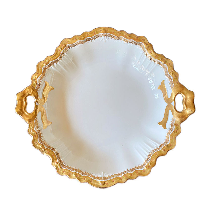Antique Jean Pouyat Limoges Gilt Serving Bowl with Bow Handles