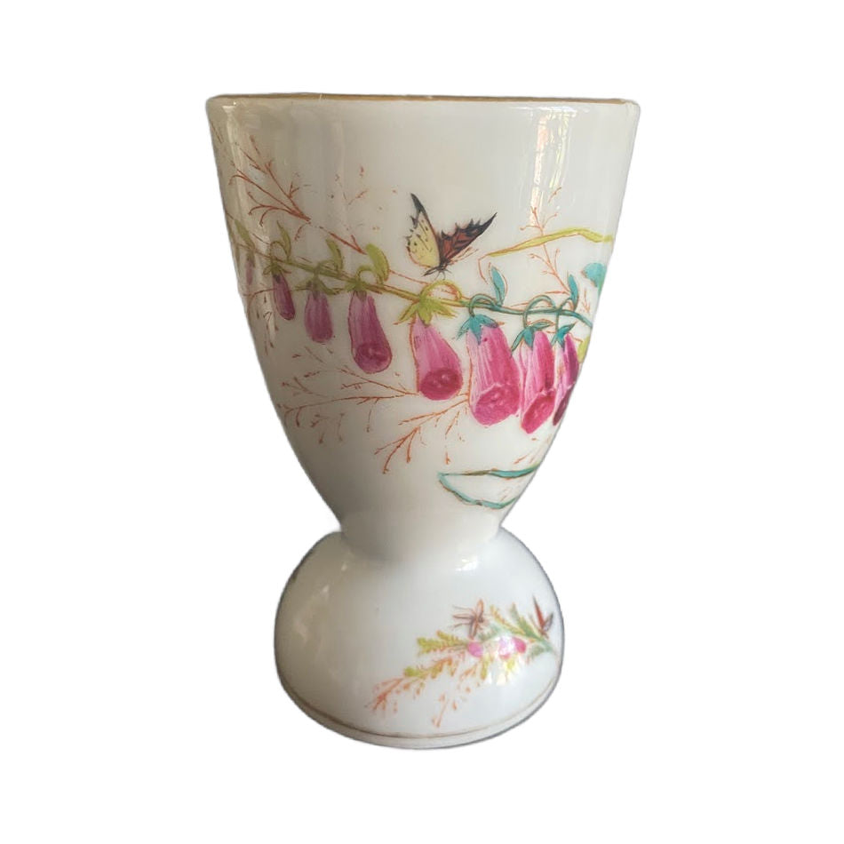 Antique Limoges hand painted egg cup with bird and butterflies foxglove