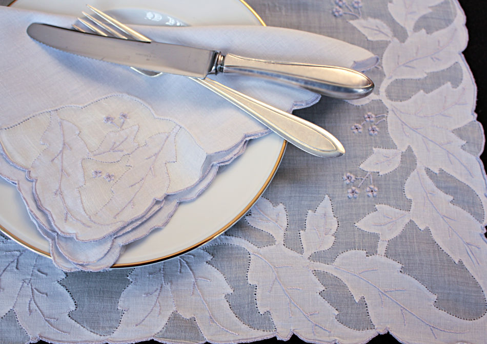 periwinkle blue vintage madeira hand embroidered organdy placemat set with runner fine table linens portugal