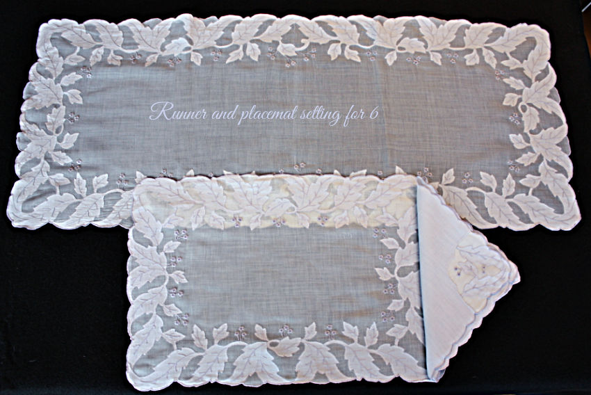 periwinkle blue madeira linen placemat set with runner hand embroidered organdy vintage table linens