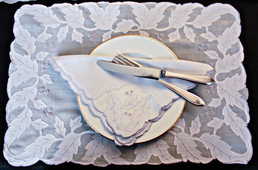 rare periwinkle madeira embroidered placemats with organdy center vintage madeira table linens