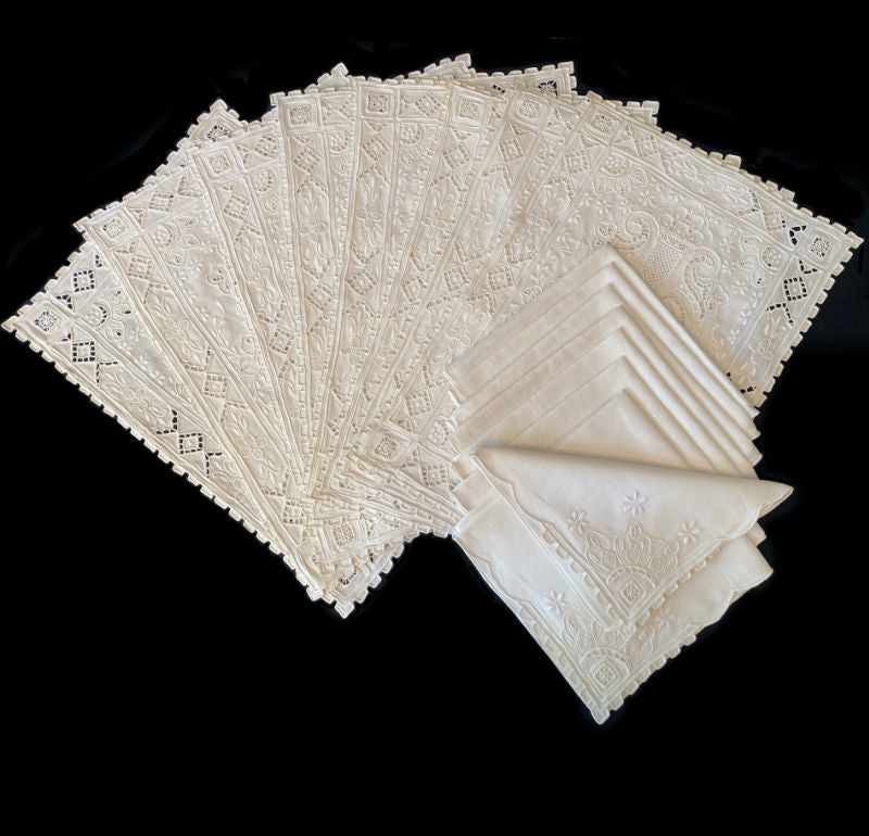 Beautiful Madeira Hand Embroidered White Linen Placemats and Napkin Setting for 8